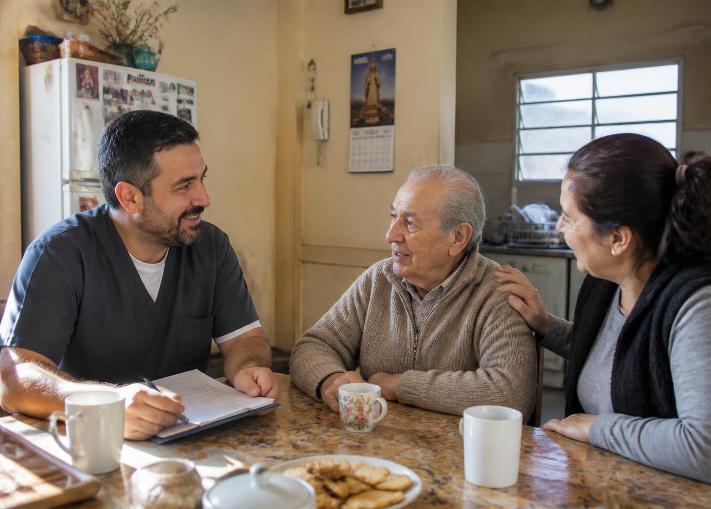 Profesional de la salud conversando con un hombre mayor y su hija en la cocina de su casa